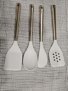 Figmint 4pc Silicone Utensil Set White/Gold Stainless Handles, Hanging Hole